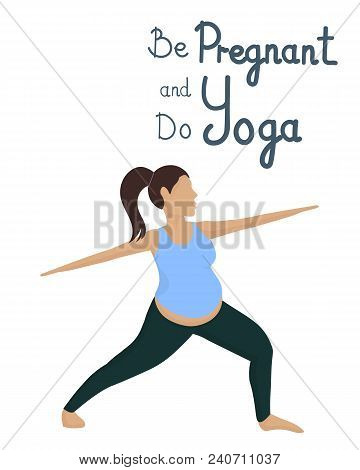 Pregnant Girl Engaged Yoga. Vector Image. White Background.