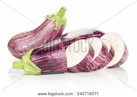 Three Striped Purple Eggplants Stack One Sliced Isolated On White Background