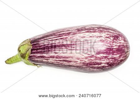 One Striped Purple Eggplant Top View Isolated On White Background