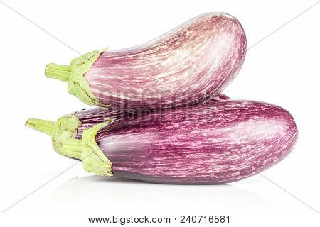 Three Striped Purple Aubergines Isolated On White Background