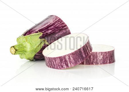 Striped Purple Eggplant Slices Isolated On White Background