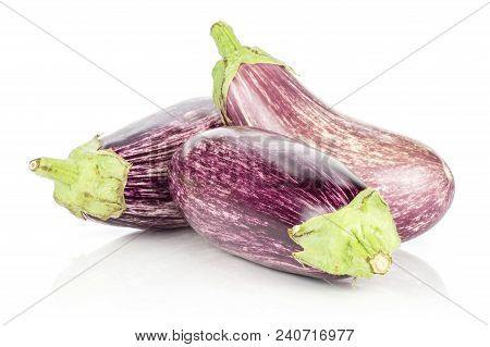 Three Striped Purple Eggplants Isolated On White Background