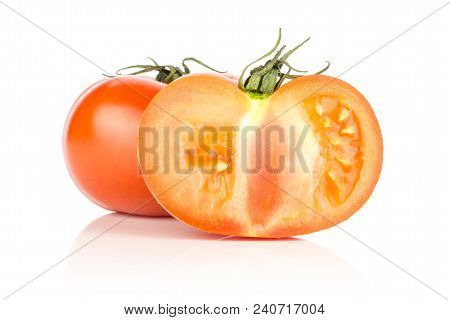 Red Tomato Section Half And One Whole With Vine Ends Isolated On White Background