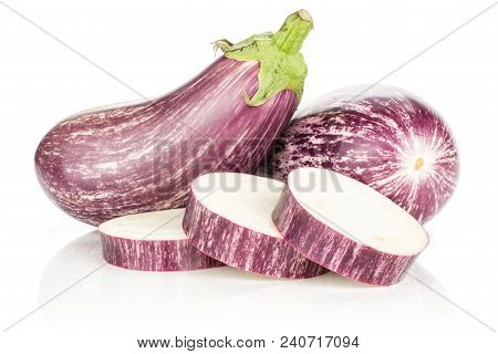 Two Striped Purple Eggplants With Three Sliced Rings Isolated On White Background