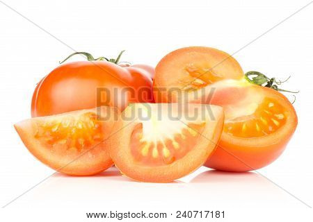 Sliced Red Tomato Set One Whole One Half And Two Slices Isolated On White Background