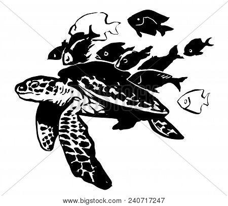 Sea Turtle With A Little Fishes Around. Black-and-white