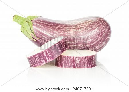 One Striped Purple Eggplant And Two Ring Slices Isolated On White Background