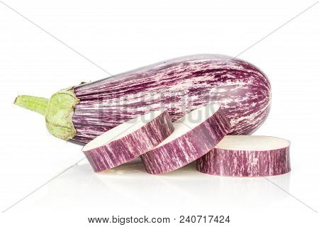 One Striped Purple Eggplant And Three Ring Slices Isolated On White Background