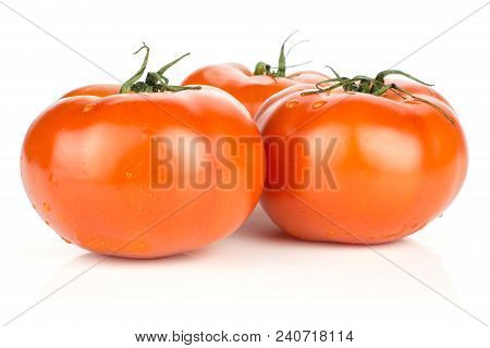 Three Red Tomato With Vine Ends Isolated On White Background Fresh Whole