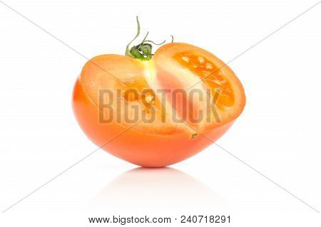 One Red Tomato Section Half Isolated On White Background
