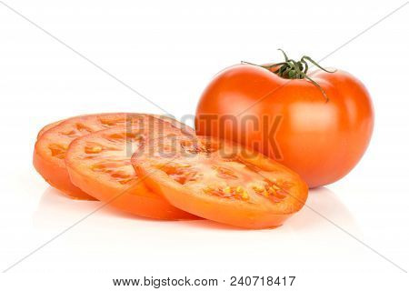 Sliced Red Tomato Isolated On White Background One Whole And Three Circle Slices