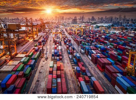 Container Ship In Import Export And Business Logistic, By Crane, Trade Port, Shipping Cargo To Harbo
