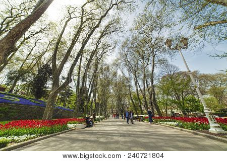 Istanbul, Turkey: People Are Walking In Gulhane Park During The Annual April Tulip Festival On April