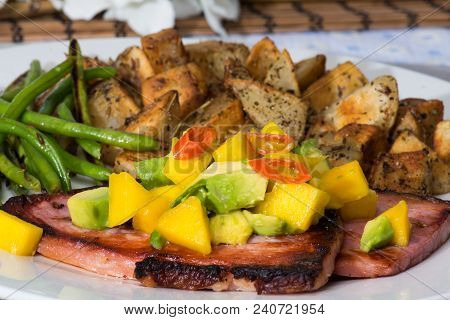 Fried Ham Steaks With Spicy Mango Avacado Salsa, Fresh Green Beans, And Roasted Hashbrown Potatoes