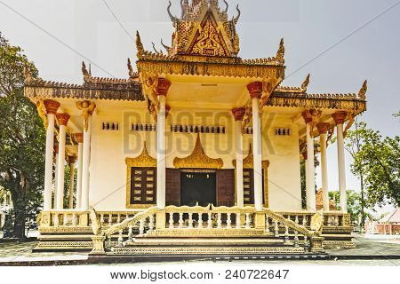 Main Facade Of The Great Temple Of Wat Kraom With All Its Ornaments Sihanoukville. Cambodia