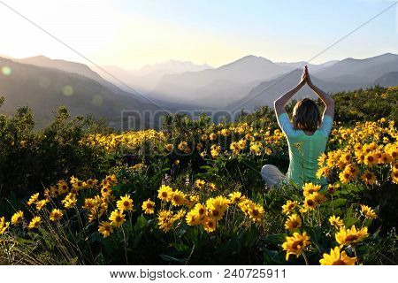 Woman In Yoga Pose Among Sunflowers In Meadows.  Beautiful View Of Cascade Mountains At Sunrise.  Wi