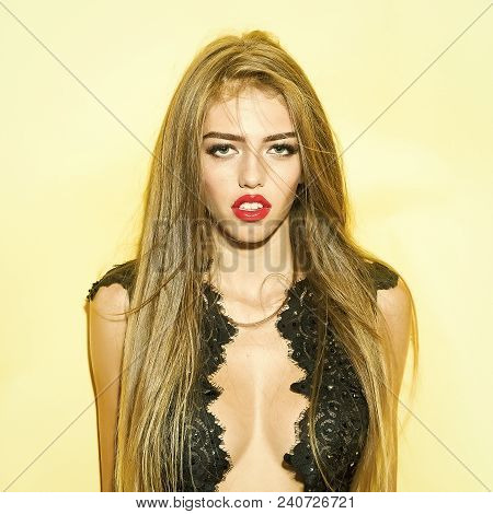 Fashionable Pretty Sexy Female Model With Long Lush Hair And Open Red Lips In Black Clothes From Lac