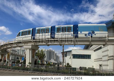 Ashgabat, Turkmenistan, September 26, 2017:  Modern Architecture Of Ashgabat With  Monorail. Ashgaba