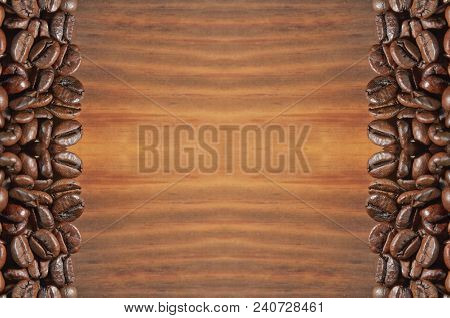 Coffee Beans On A Bright Brown Wooden Background. Located On Both Sides. Large Size, Billboard, Back
