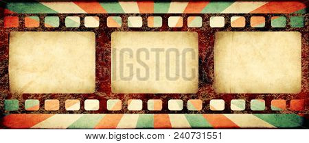 Grunge horizontal background with retro filmstrips and old paper texture with striped brust pattern