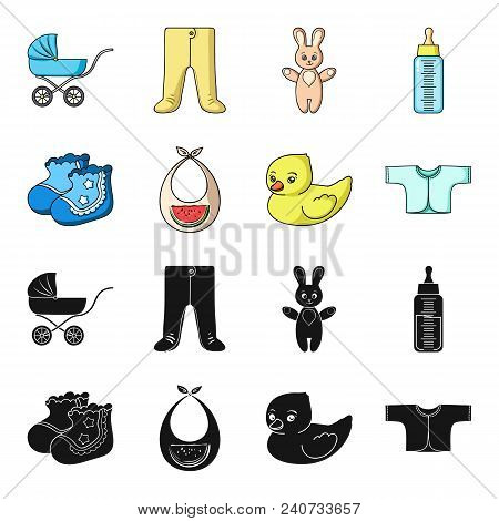 Socks, Bib, Toy Duck, Raspashonka.baby Born Set Collection Icons In Black, Cartoon Style Vector Symb