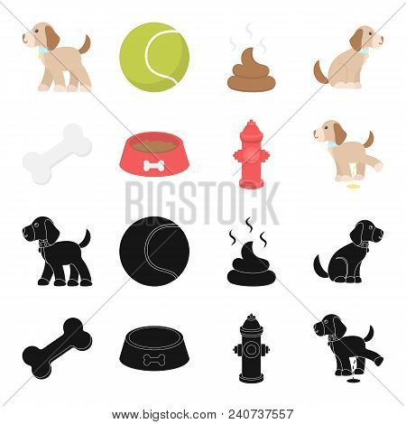 A Bone, A Fire Hydrant, A Bowl Of Food, A Pissing Dog.dog Set Collection Icons In Black, Cartoon Sty