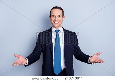 Cheerful, Nice Man In Formal Wear With Tie Having His Hands Open Like Hospitable Gesture, You Are We