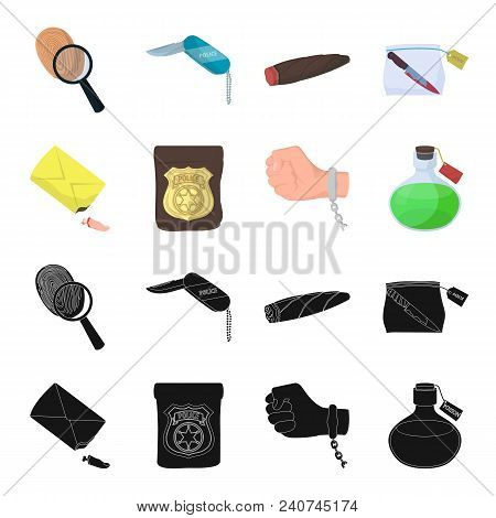 The Detective Badge, The Handcuff On The Criminal Hand, The Stump Of The Finger In The Bag, The Flas