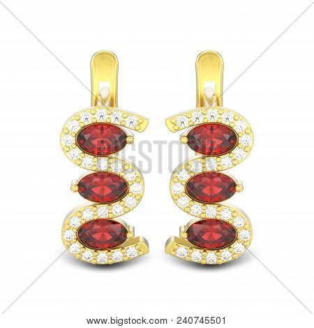 3d Illustration Isolated Gold Diamond Red Ruby Earrings With Hinged Lock With Shadow On A White Back