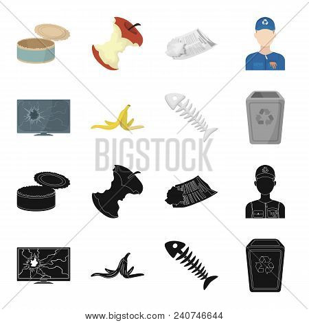 Broken Tv Monitor, Banana Peel, Fish Skeleton, Garbage Bin. Garbage And Trash Set Collection Icons I