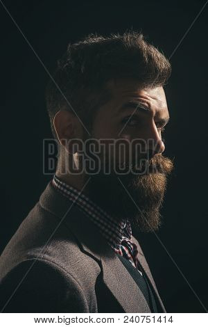Silhouette Of Bearded Man. Barber Shop. Fashionable Bearded Men. Pensive Man In Retro Clothes. Vinta