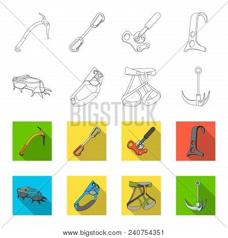 Hook, Mountaineer Harness, Insurance And Other Equipment.mountaineering Set Collection Icons In Outl
