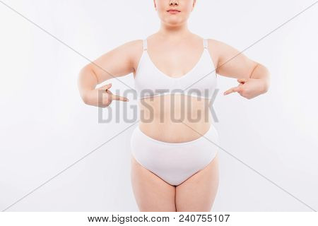 Xxl Fatty Chubby Model Wearing White Lingerie Is Demonstrating Her Flabby Stomach With Fat Folds, Sa