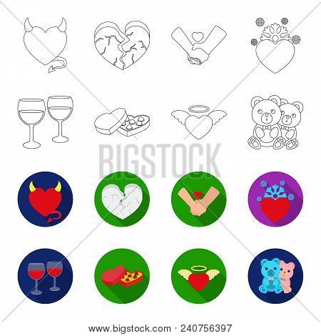 Glasses With Wine, Chocolate Hearts, Bears, Valentine.romantik Set Collection Icons In Outline, Flat