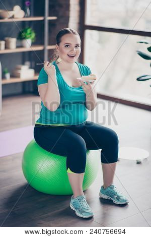 I'm To Lazy To Do Something And Addicted To Sweets! Funny Chubby Plus-size Excited Cheerful Woman Is