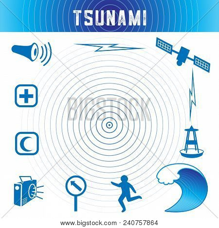 Tsunami Icons And Symbols In Ocean Blue: Earthquake Epicenter, Satellite And Transmission, Tsunami D