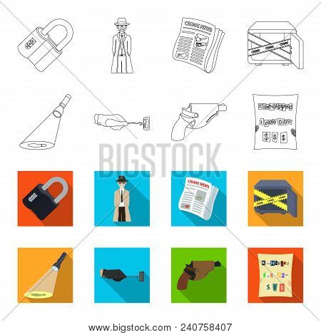 The Detective Flashlight Illuminates The Footprint, The Criminal Hand With The Master Key, A Pistol 