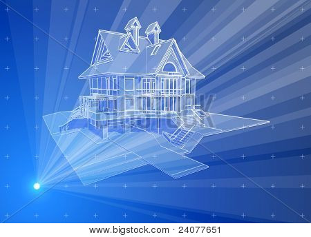 Casa 3D: blu ologramma tecnologia radiale. Bitmap copiare mio vector ID 81592384
