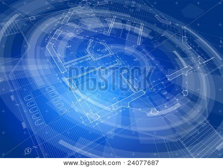 Architettura design: blueprint casa piano & blu tecnologia radiale sfondo. Bitmap copiare mio vector