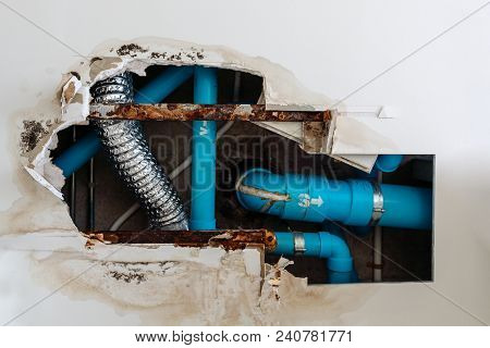 Home Residential Problem, Damage Ceiling In Restroom, Water Leak Out From Waste Piping System Make C