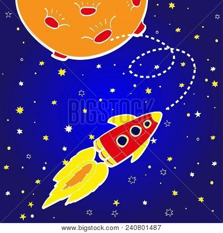 Cartoon Rocket On Space Background, Vector Illustration. Simple Flying Spaceship Drawing.
