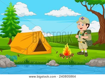 Cartoon Scout With Tent And Fire Background