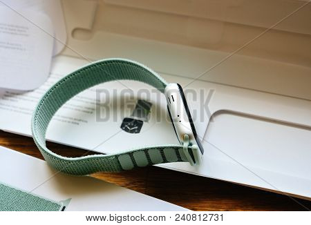 Paris, France - Apr 24, 2018: New Apple Watch Series 3 Smartwatch Personal Wearable Device With The 