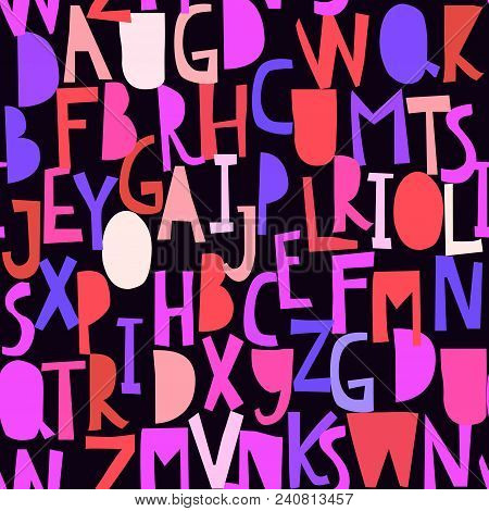 Red Pink Blue Seamless Pattern With Abc Or Alphabet. Hand Drawn Letters Dark, Black White Hand Cutte