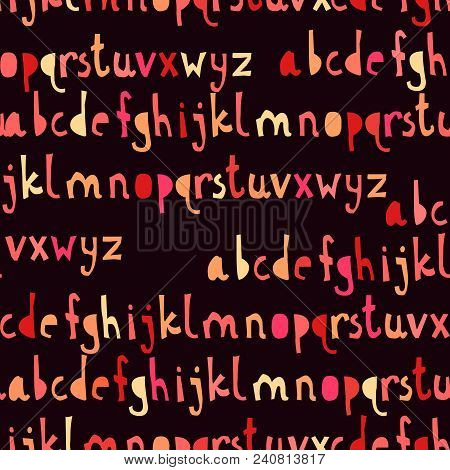Red Pink Blue Seamless Pattern With Abc Or Alphabet. Hand Drawn Letters Dark, Black White Hand Cutte