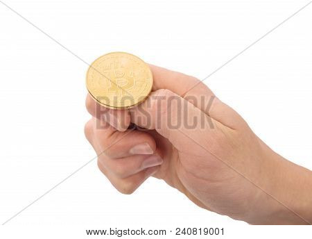 Tossing Golden Bitcoin In A Man Hand. Heads Or Tails You Decide. Concept Of Chance Digitall Symbol O