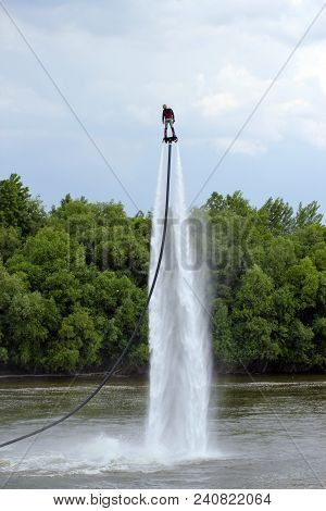 Man From Back On Flyboard. Flyboard On The River.