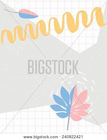 Trendy Tropic Background Txture With Palm Leaves And Hand Marks. Soft Pastel Pink, Blue, Yellow And 