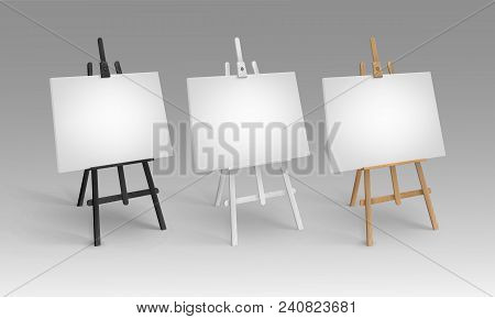 Set Of White Black Brown Sienna Wooden Easels In Perspective With Mock Up Empty Blank Canvases Isola