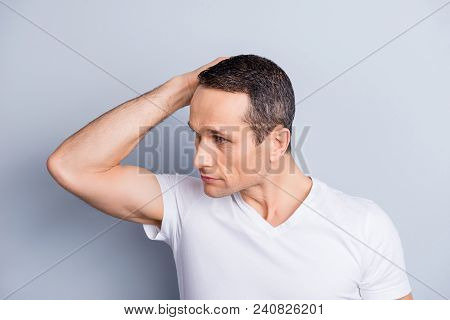Half Turned Face Of Trendy, Experienced, Trendy, Neat, Stylish Man, Looking To The Side, Holding Han
